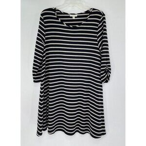 Garnet Hill Women’s Tunic Top  Black White Striped Ruched 3/4 Sleeve Jersey Sz M